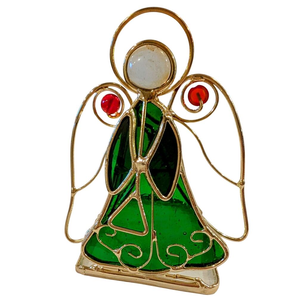 Vintage Stained Glass Christmas Angel Tealight Holder Green Red Gold 4.75 inches